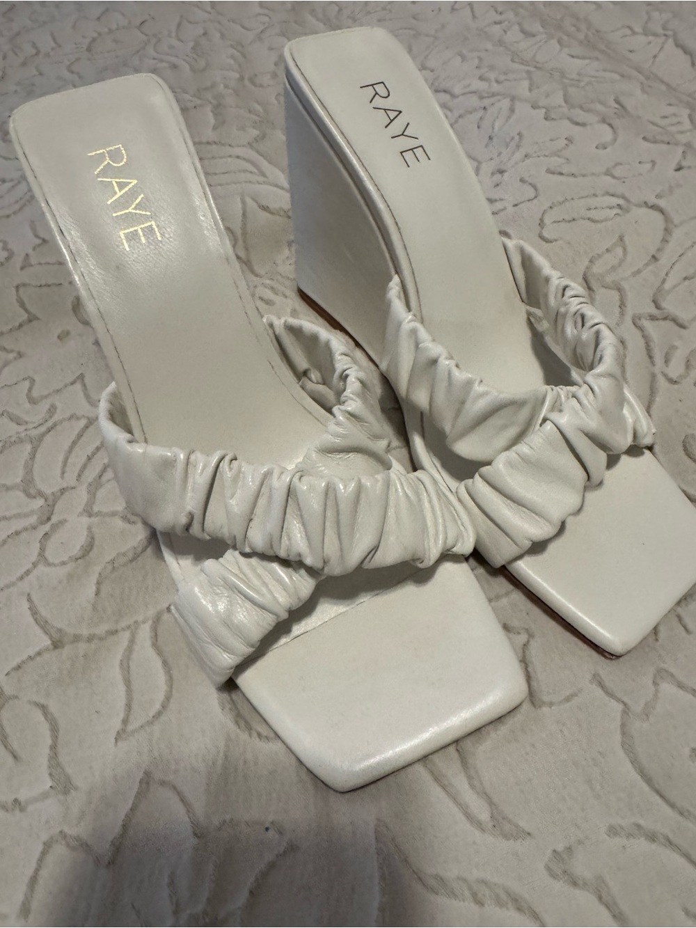 RAYE White Ruched Double-Strap Wedge Sandals